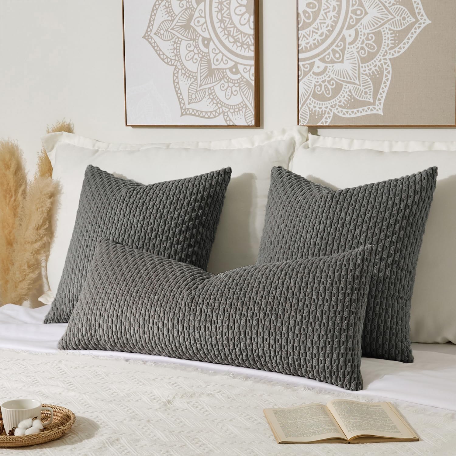 Kevin Textile 14x36 Inch Long Lumbar 1 Pack Boho Decorative Throw Pillow Cover Soft Striped Corduroy Rectangle Cushion Case Farmhouse Accent for Living Room Couch Sofa Bed, Dark Grey