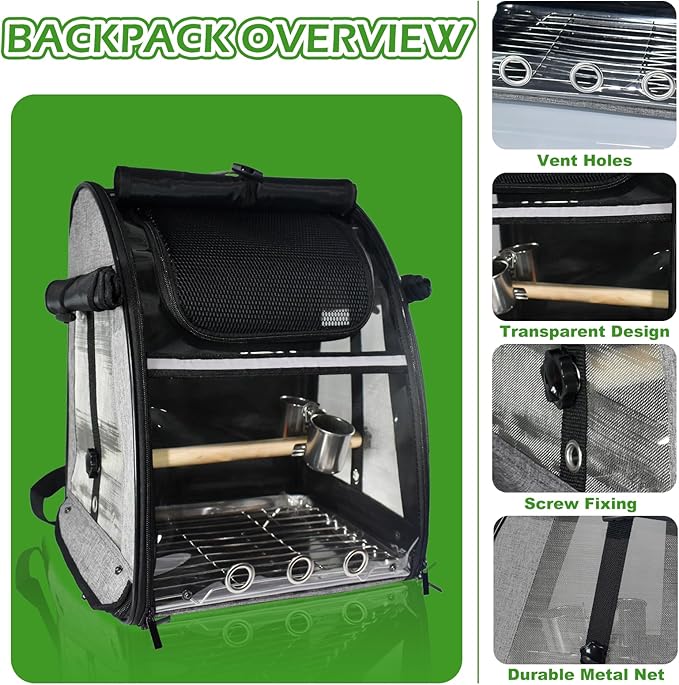 Bird Carrier Bag, Bird Travel Cage with Standing Perch and Indestructible Stainless Steel Mesh, Protable Transparent Breathable Carrier with Feeder Cups for Small Birds Parrot Parakeet, Grey