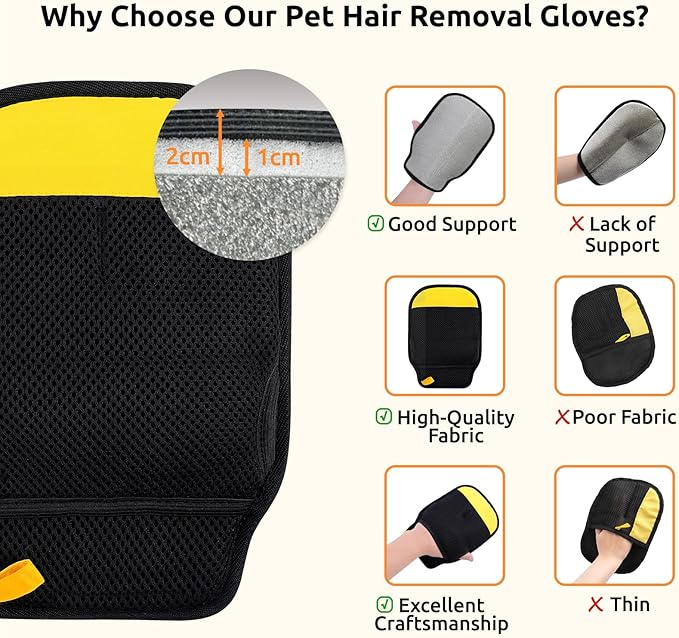 SAWMONG 2Pcs Pet Hair Removal Glove, Pet Hair Remover Glove for Dogs & Cats with Thumb Hole for Better Fit, Reusable Pet Hair Removal Tool for Couch,Clothes, Carpet, Curtain