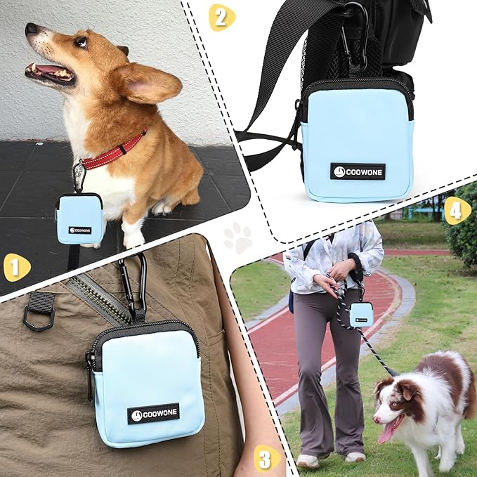COOWONE Dog Treat Pouch Pocket Sized Pet Puppy Training Pouch for Dog Training Behavior Aids, Waterproof Nylon Fabric Dog Poop Bag Holder, Hands Free Dog Walking Bag with Metal Carabiner (Blue)