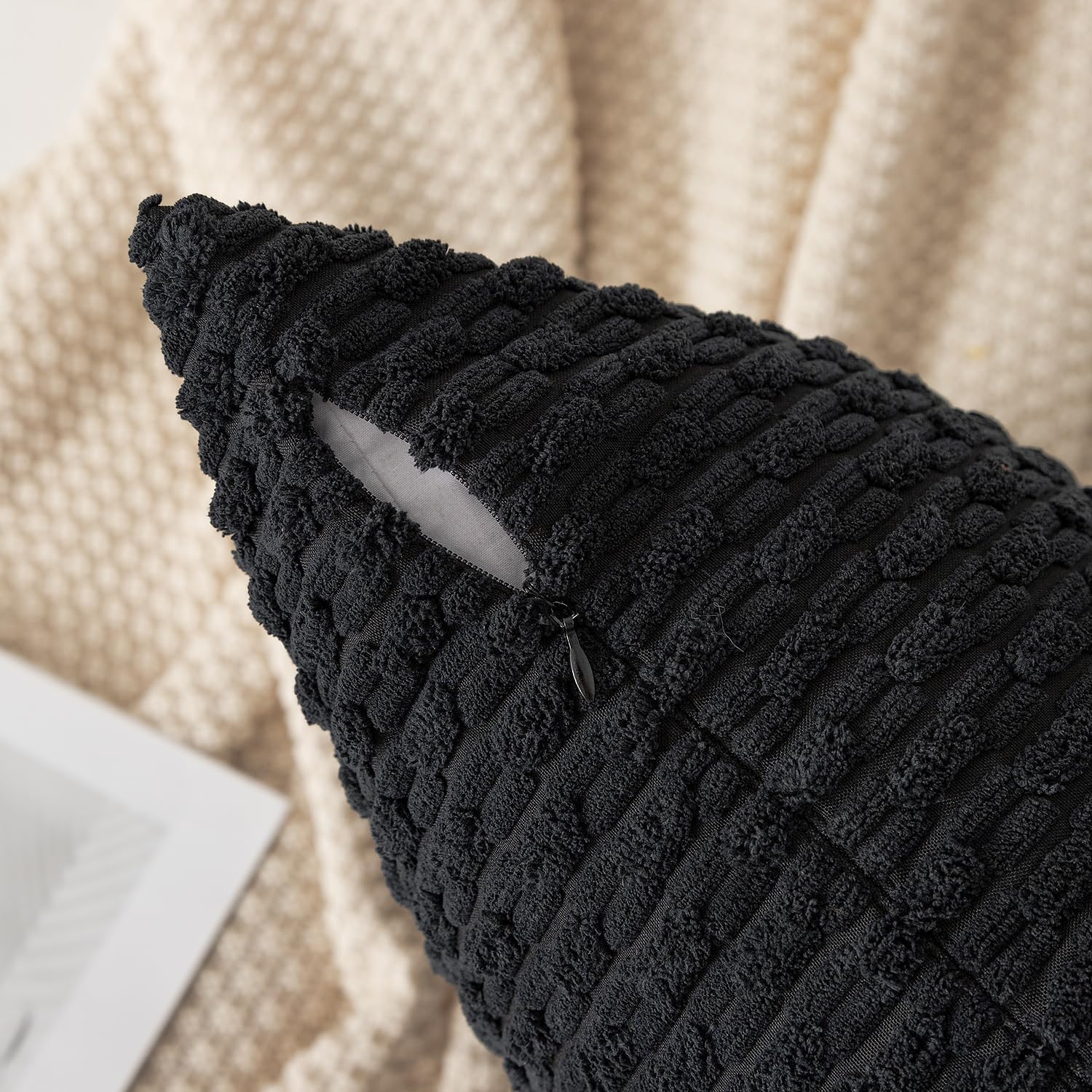 Kevin Textile 12x20 Inch Pillow Cover 1 Pack Boho Decorative Soft Striped Corduroy Lumbar Farmhouse Accent Rectangle Cushion Case for Living Room Couch Sofa Bed, Black