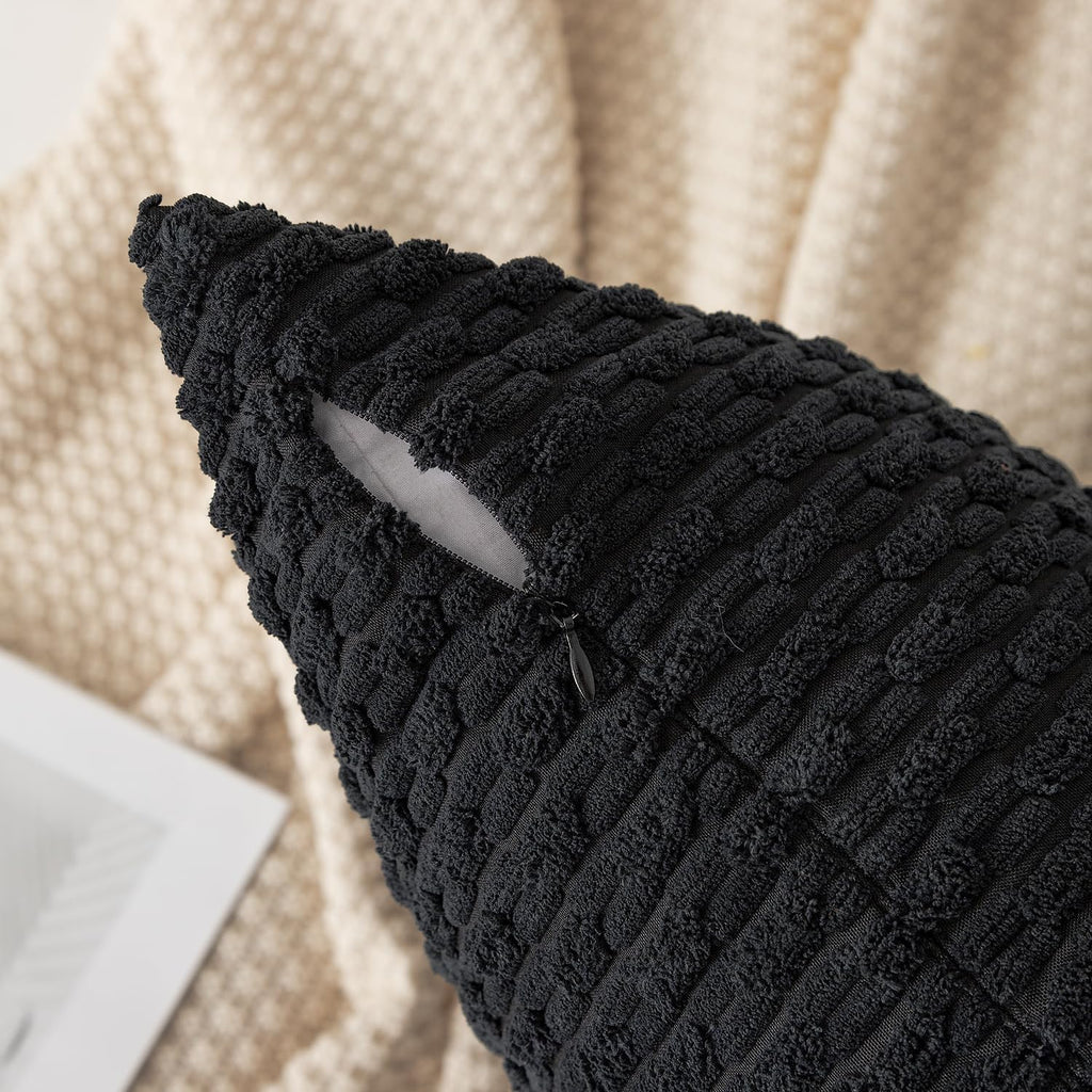 Kevin Textile 14x24 Inch Pillow Cover 1 Pack Boho Decorative Soft Striped Corduroy Lumbar Farmhouse Accent Rectangle Cushion Case for Living Room Couch Sofa Bed, Black