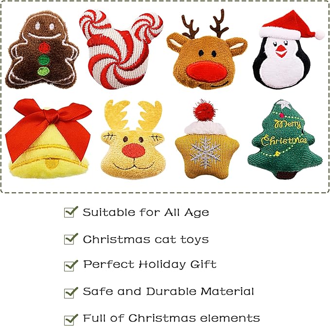 10 Pcs Christmas Cat Catnip Toys for Indoor Cats Interactive Xmas Plush Stuffed Kitten Chew Bite Kick Toys Kitty Playing Relieve Stress Cat Lovers