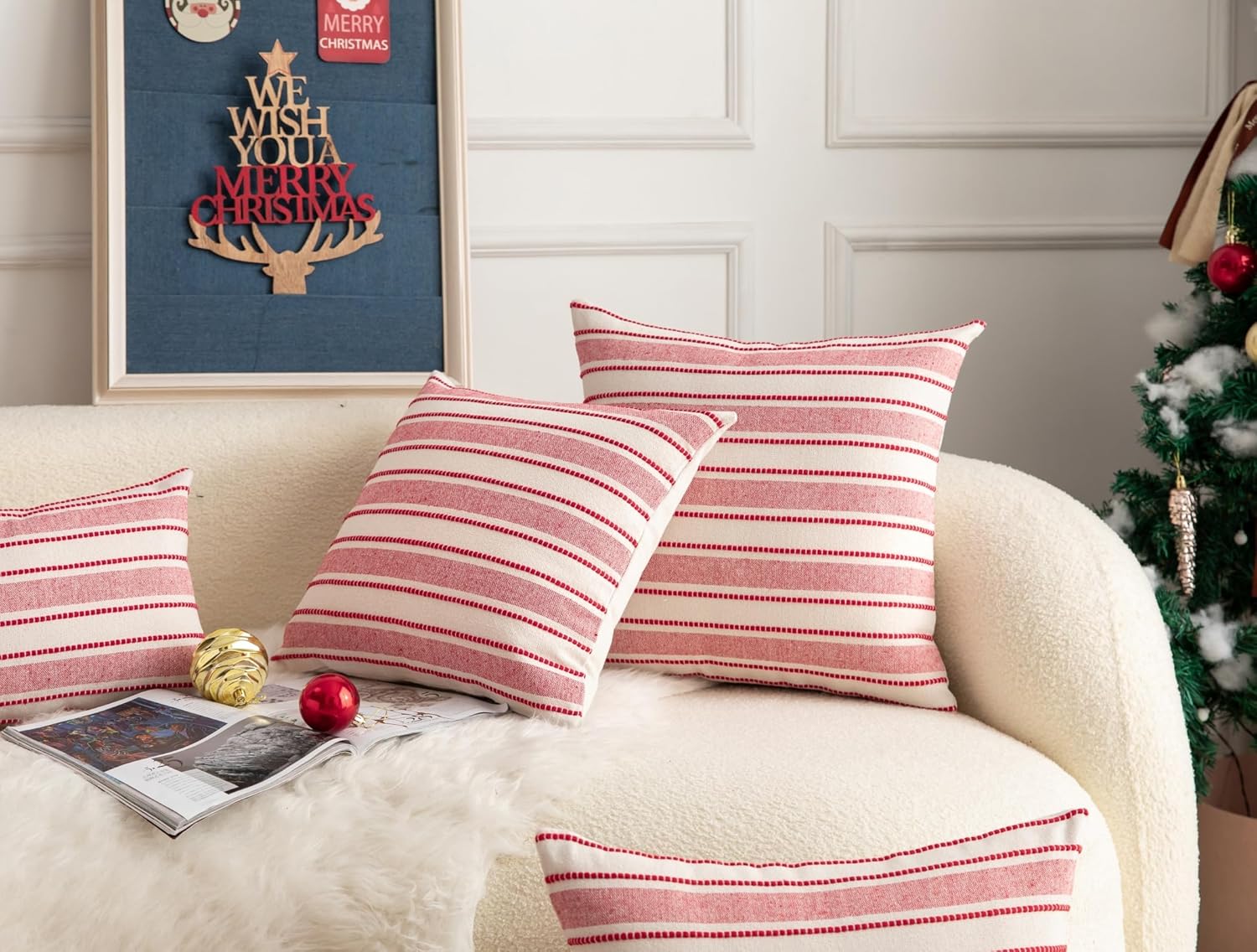 Christmas Pillow Covers, Boho Textured Red Pillow Case, Pillow Covers 22 x 22 Inch Set of 2 Christmas Decorative, Chair Sofa Bedroom Living Room Home Holiday Decor Cushion Case