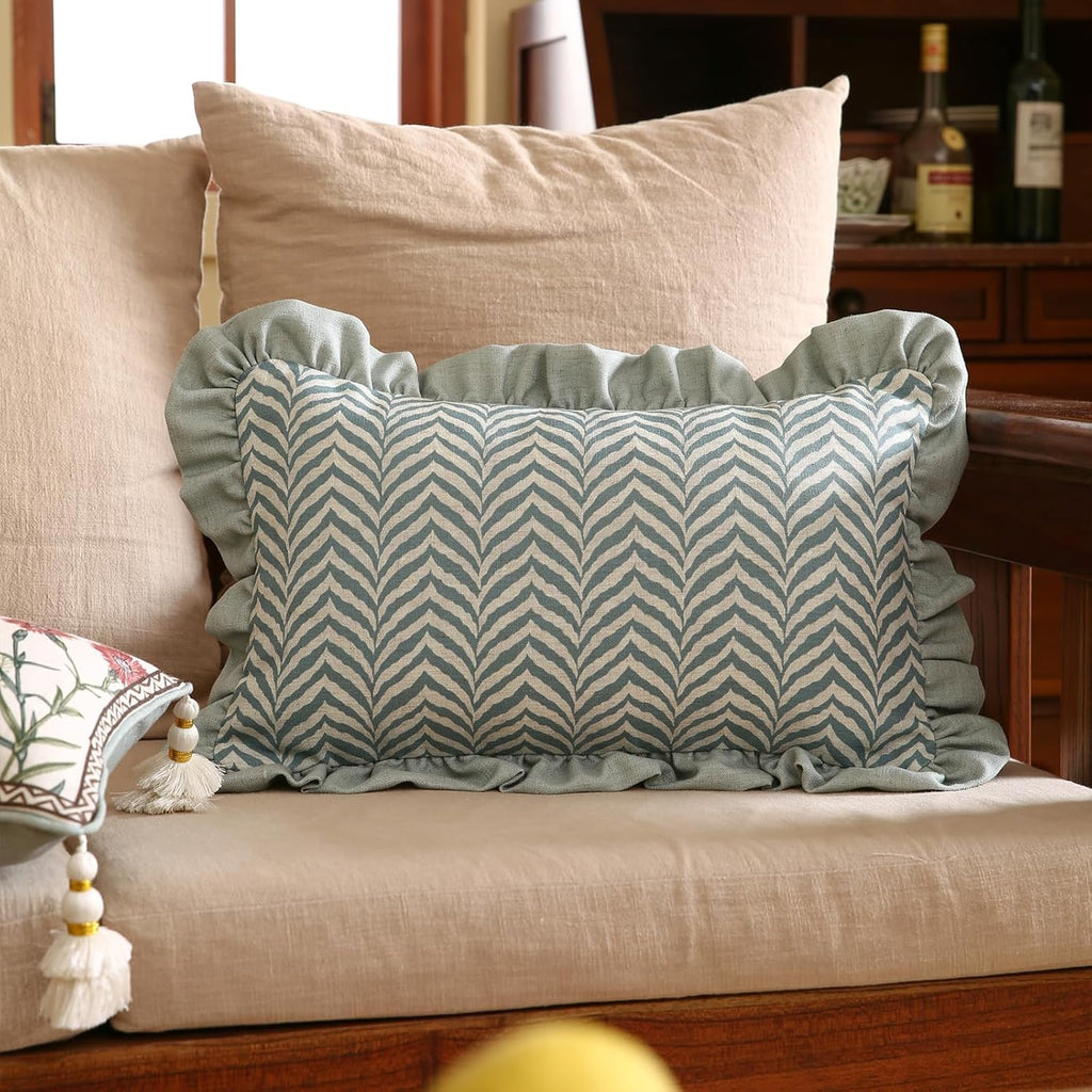 ISAENNE Design Linen Throw Pillow Covers 12"x20", Rectangle Minimalist Cushion Covers with Powder Blue Chevron Leaves Pattern Decoration Pillowcases for Bed,Living Room,Outdoor,Car