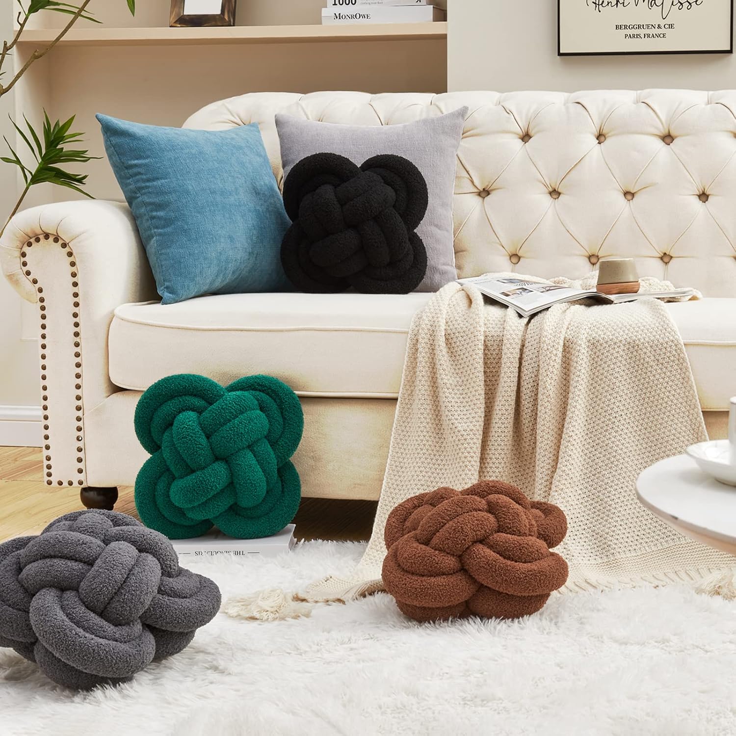 Xiashrk Knot Pillow Ball, 12" Soft Decorative Throw Pillows for Couch Bed, Dark Gray Knotted Plush Throw Pillow Handmade Square Cushion Home Couch Decor Pillows for Living Room