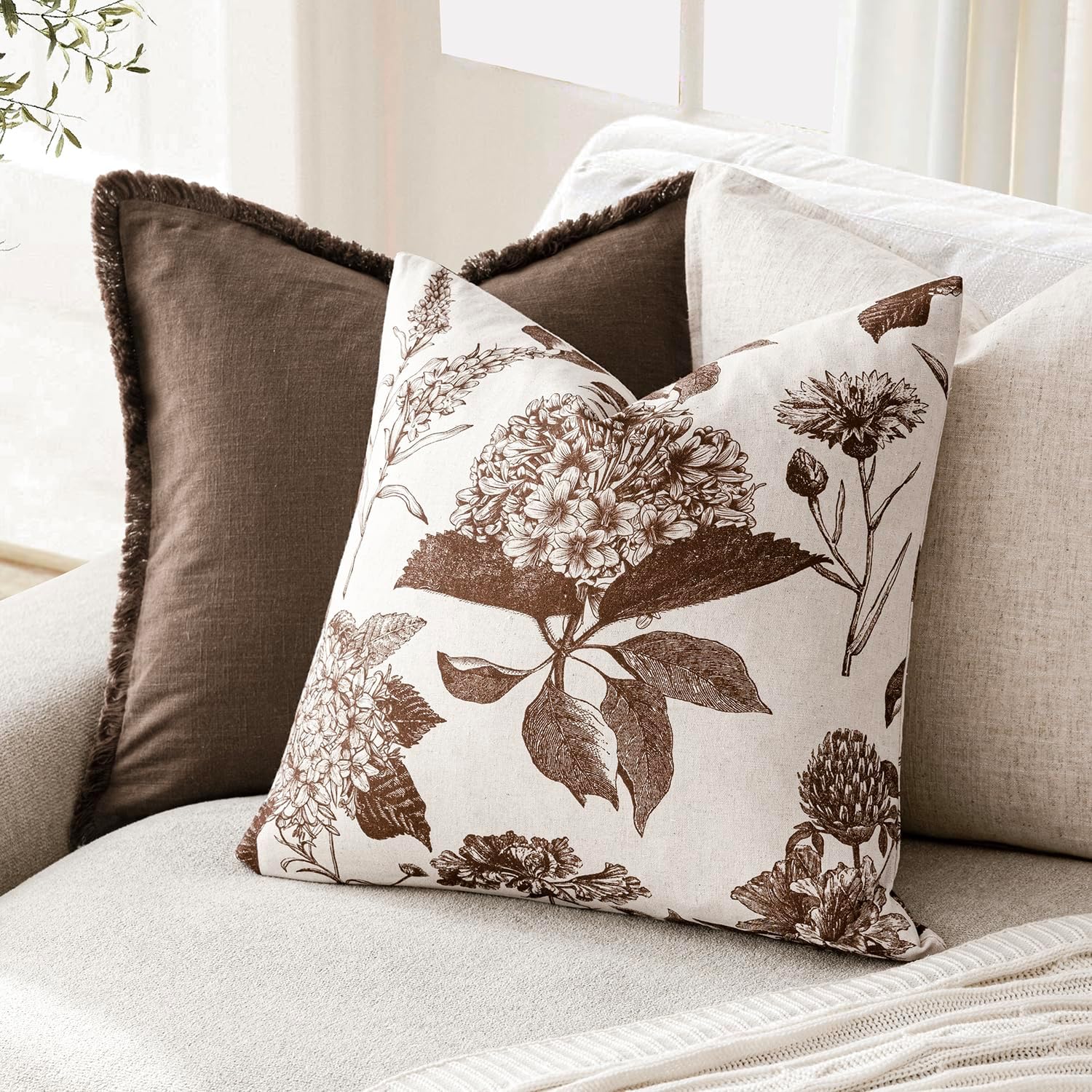 Foindtower Set of 2 Linen Floral Throw Pillow Covers Neutral Vintage Print Decorative Cushion Covers Farmhouse Boho Home Decor for Sofa Chair Couch Bedroom Living Room,18×18 Inch,Dark Brown