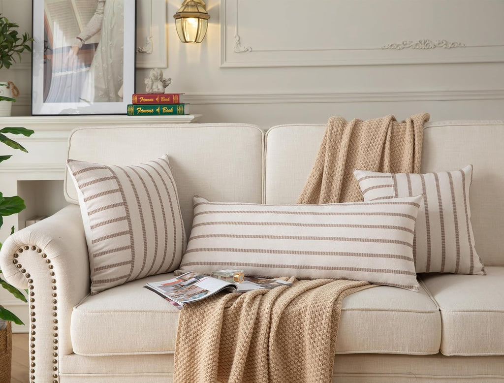 Caflife Boho Lumbar Throw Pillow Cover 14X36 Long Soft Farmhouse Decorative Couch Pillow Cases Beige Striped Body Pillow Covers Neutral Cushion Covers for Sofa Bed Living Room Home Decor Pack of 1