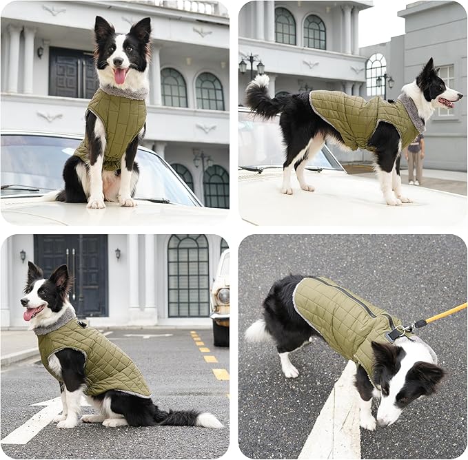 Warm Fleece Dog Coats with Durable Harness Buitl in D-Ring,Waterproof Doggie Jacket for Medium Dogs,Dog Vest for Cold Winter,Green L