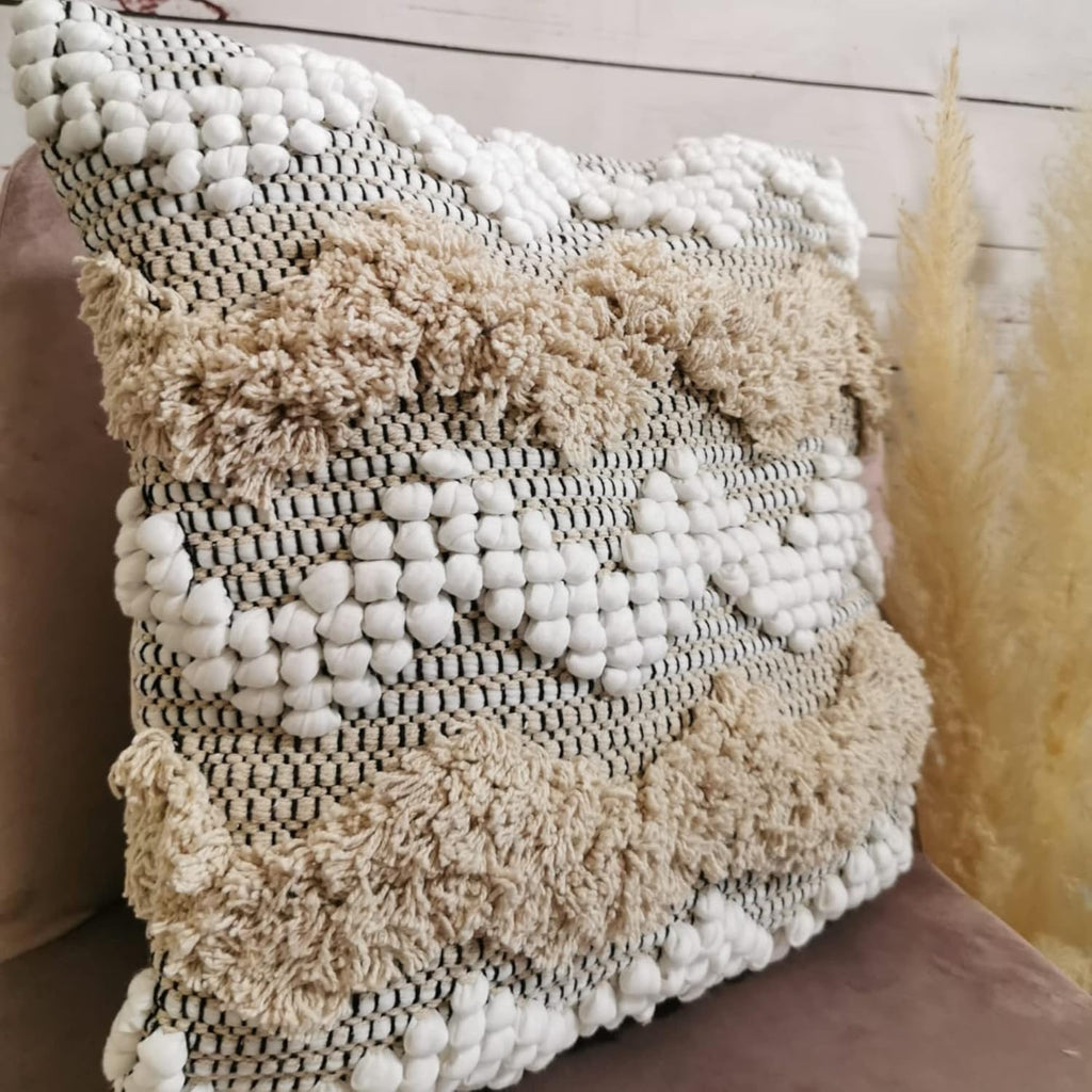 Throw Boho Pillow Cover, 18”x18” Bohemian Moroccan Rustic Decorative Pillows with Tufted Accents, Plush Handwoven Cotton, Textured Woven Neutral Farmhouse Scandinavian Home Decor (no Insert)