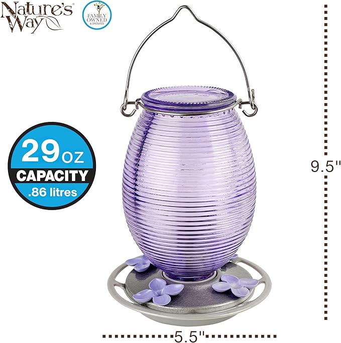 Nature's Way Hanging Glass Hummingbird Feeder for Outdoor Decor, 29 Ounce Capacity Nectar Feeder, 4 Easy to Clean Flexible Ports, Purple Lilac