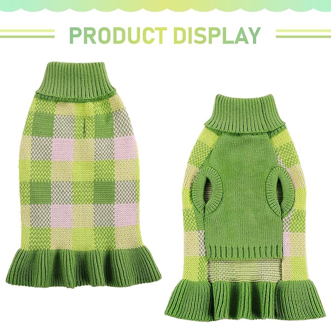 Dog Sweater Dress Plaid Knitwear for Small Medium Dogs Warm Puppy Pet Turtleneck Stretch Pullover Cute Fall Winter Vest Clothes with Leash Hole for Christmas (Green, L)