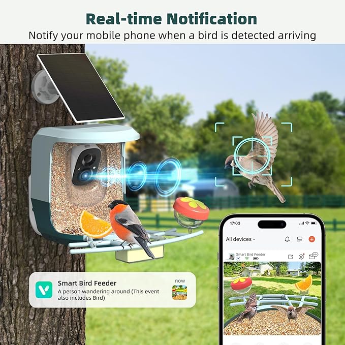Smart Bird Feeder with Camera Solar Powered - 2K HD Live Video Camera AI Identify Birds, Visible Window Auto Capture& Motion Detection -Instant Arrival Alerts, Birds Lover Gifts