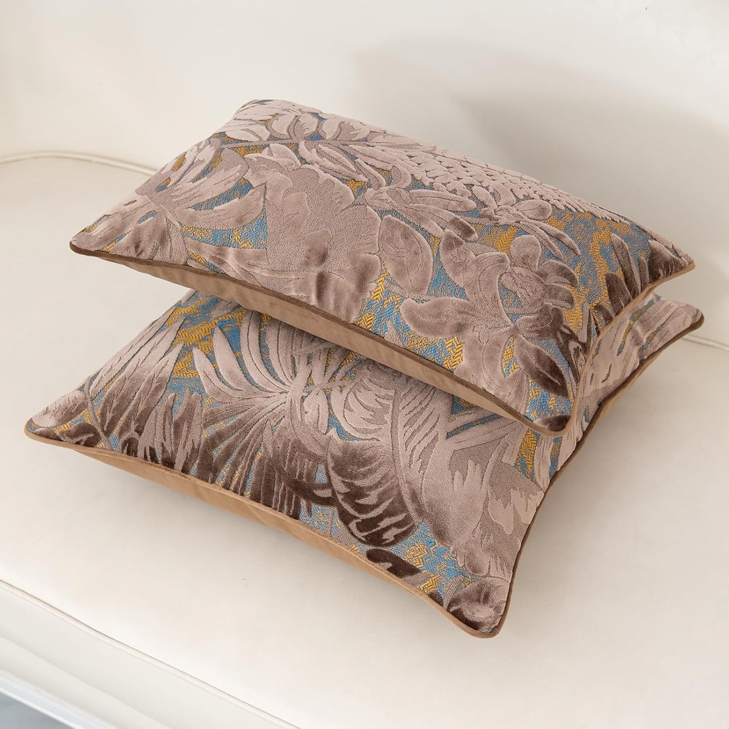 Alerfa Brown Throw Pillow Cover 18x18 Inch, Square Cut Velvet Maple Leaf Embroidery Luxury Farmhosue Accent Decorative Pillow Cover for Couch Living Room Bedroom