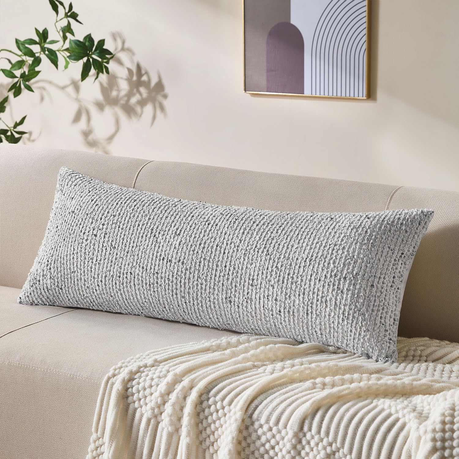 Decorative Lumbar Pillow Cover 14x36 Blue Striped Wool Long Body Pillow Neutral Textured Boho Lumbar Throw Pillow Cushion Covers for Modern Farmhouse Sofa Bed Living Room Decor SY011-C14