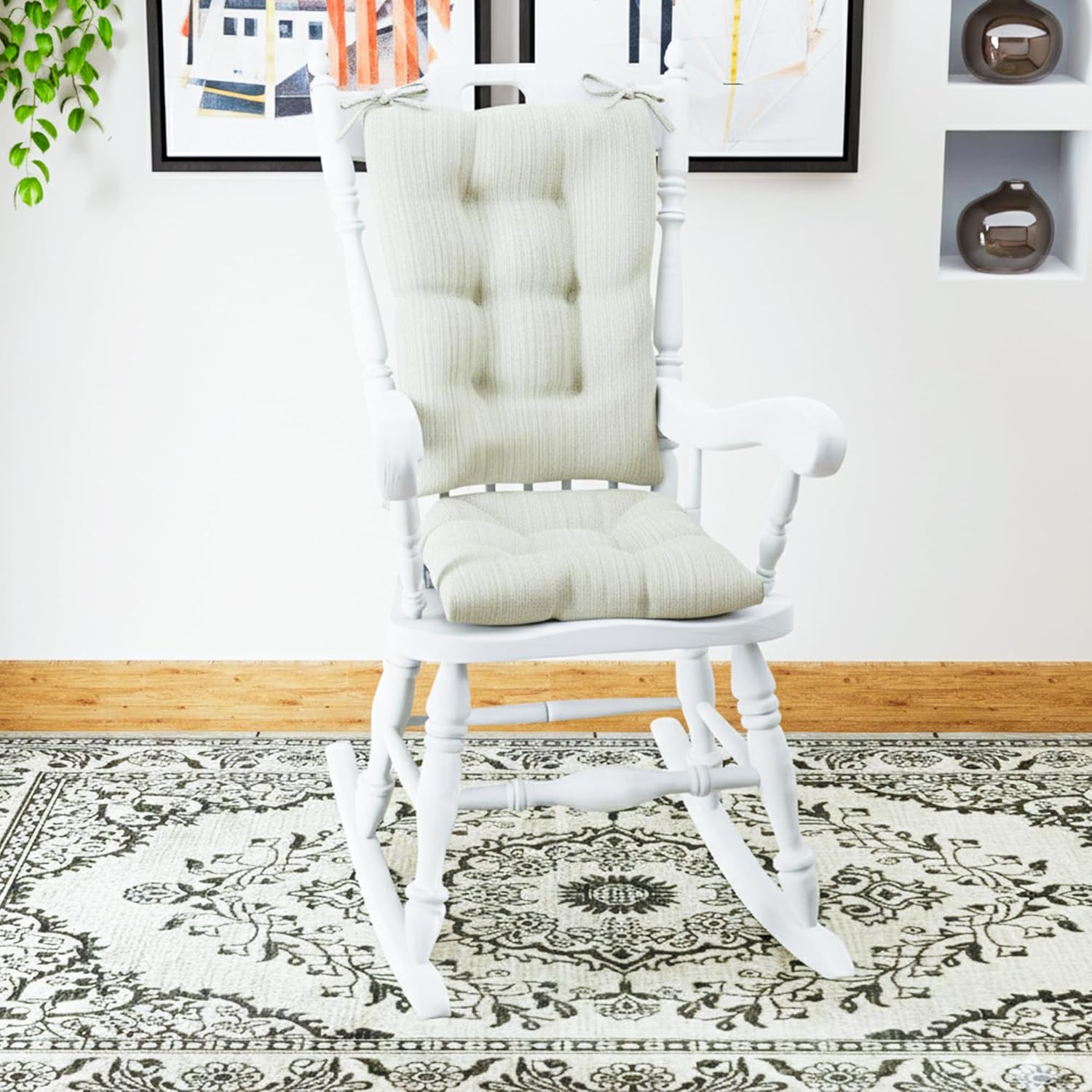 Klear Vu Omega Non-Slip Rocking Chair Cushion, Assembled in USA, Thick Tufted Design, Includes Seat Pad & Back Pillow with Ties, 17x17 Inches, 2-Piece Set, Solid Ivory