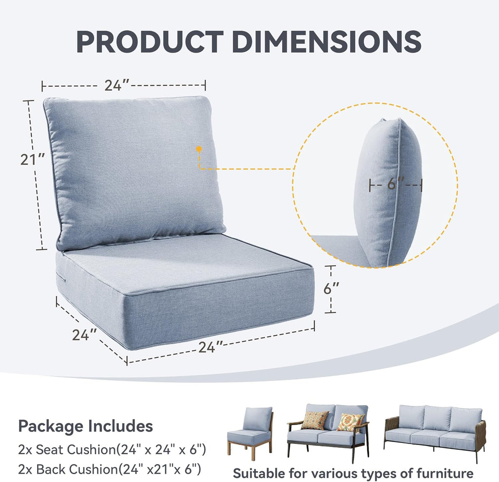 Outdoor Cushion Set for Furniture Patio Furniture, UV Resistant, Water Resistant - 6 Inch Thick Foam Garden Cushions– 24x24 Inch Patio Seat Covers for Chair/Sofa/Couch | Baby Blue | 2-Pack |