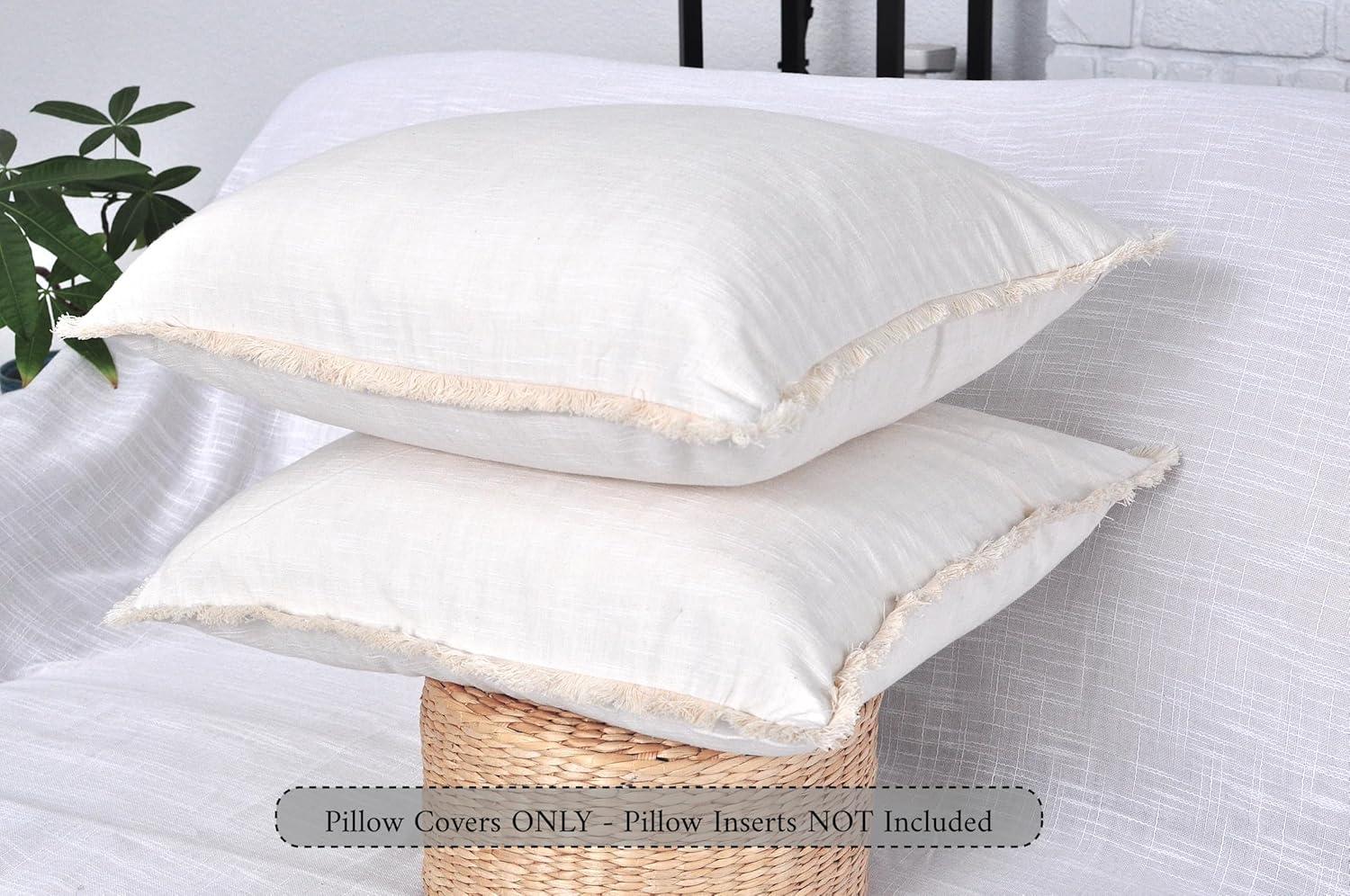 20×20 Cream White Cotton Throw Pillow Covers with Decorative Fringe Boho Farmhouse Beige Cushion Covers with Tassels Linen Like Textured Accent Pillowcases for Bed Chair Sofa Living Room Set of 2