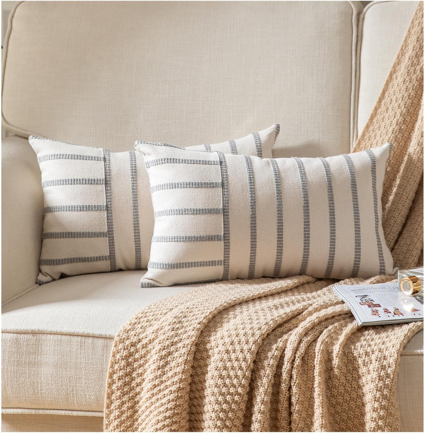 Caflife Boho Throw Pillow Covers 12x20 Set of 2 Soft Farmhouse Decorative Couch Pillow Cases Grey Striped Pillow Covers Neutral Cushion Covers for Sofa Bed Living Room Home Decor