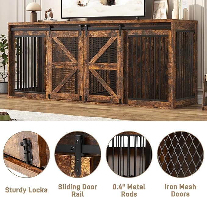 87In Farmhouse Dog Crate TV Stand, Wooden Dog Kennel Furniture with Sliding Metal Mesh Barn Door, Large Dog Crate Furniture for 2 Dogs, Solid Metal Tube & 2 Lockable Doors, Rustic Brown