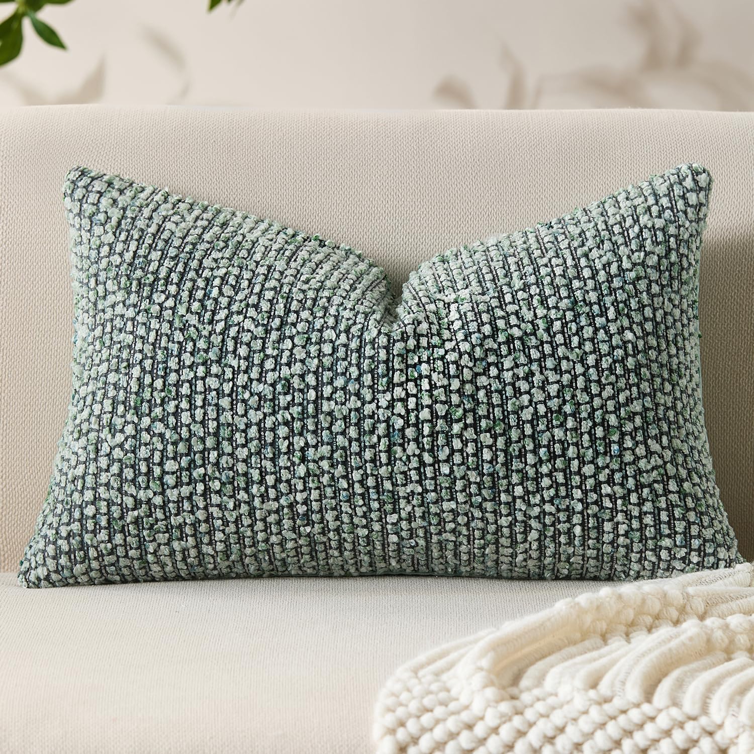 Decorative Lumbar Pillow Cover 12x20 Green Striped Soft Wool Lumbar Throw Pillow Neutral Textured Boho Cushion Covers for Modern Farmhouse Sofa Bedroom Living Room Decor SY011-D12