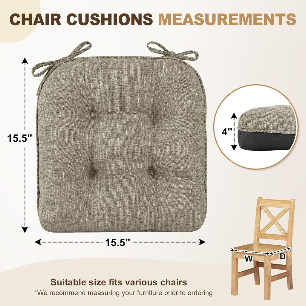downluxe Indoor Chair Cushions for Dining Chairs, Tufted Overstuffed Textured Foam Kitchen Chair Pads with Ties and Non-Slip Backing, 15.5" x 15.5" x 4", Khaki, 6 Pack