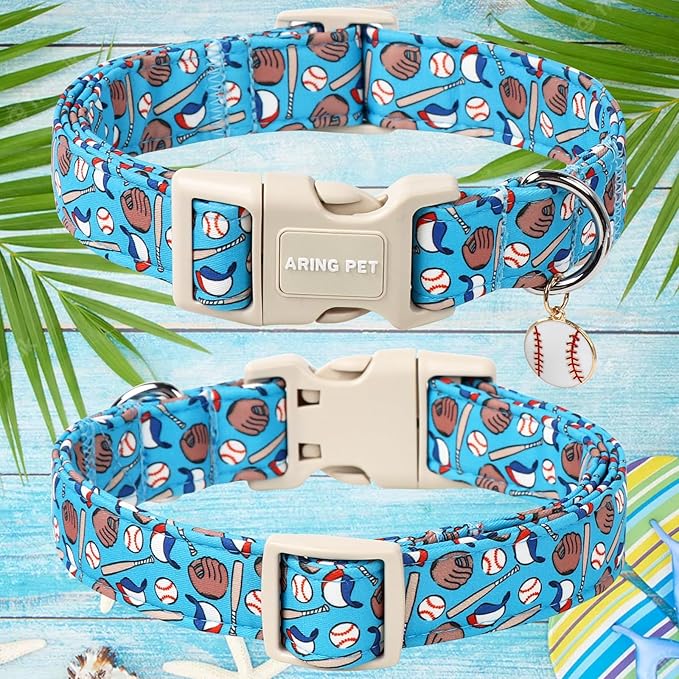 ARING PET Baseball Dog Collar, Cute Summer Blue Pet Collars with Quick Release Buckle for Puppy Small Medium Large Boy Girl Dogs-L