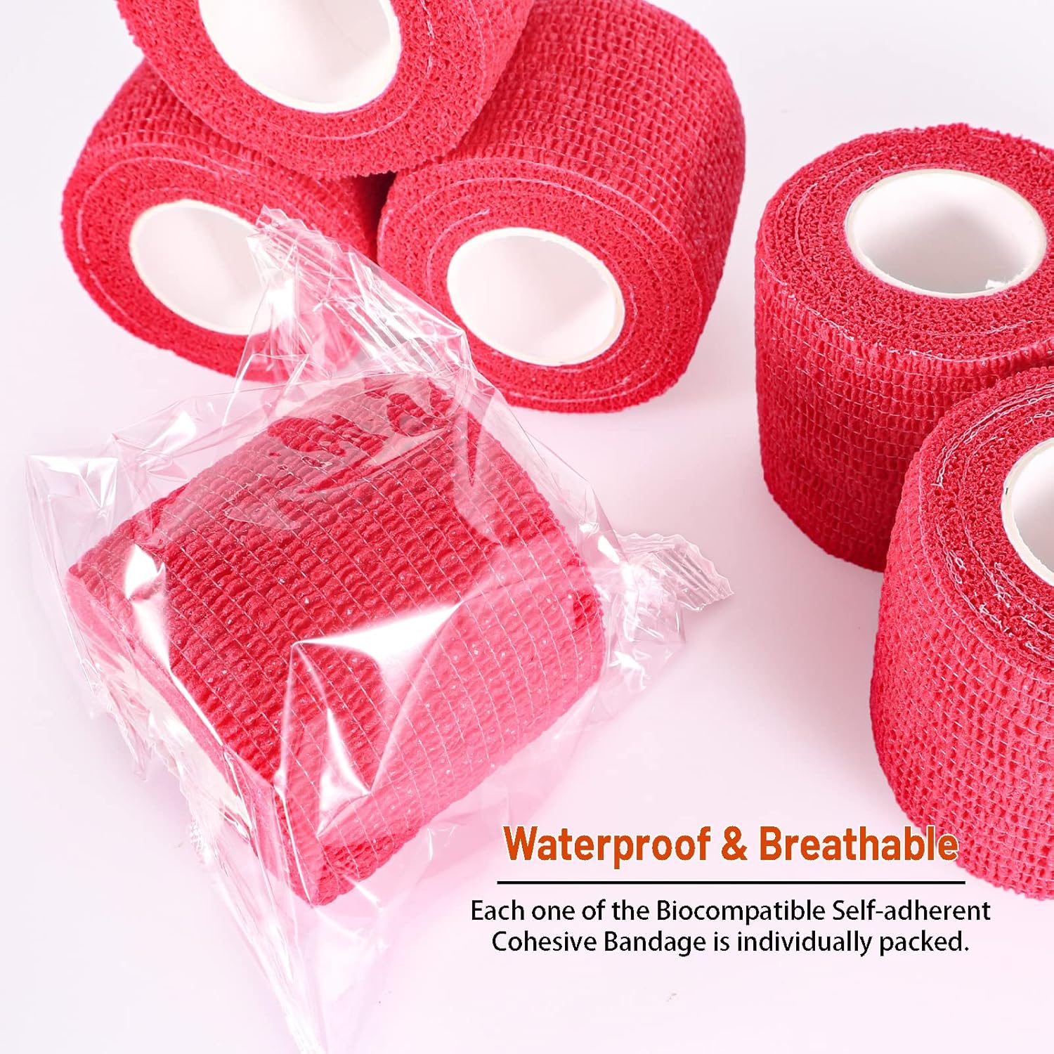 24 Pack Self Adhesive Bandage Wrap, 2” x 5 Yards Cohesive Medical Tape Elastic Grip Tape Red Sports Tape Athletic for Ankle, Wrist Sprains, Pet First Aid (Red, 2 Inch)