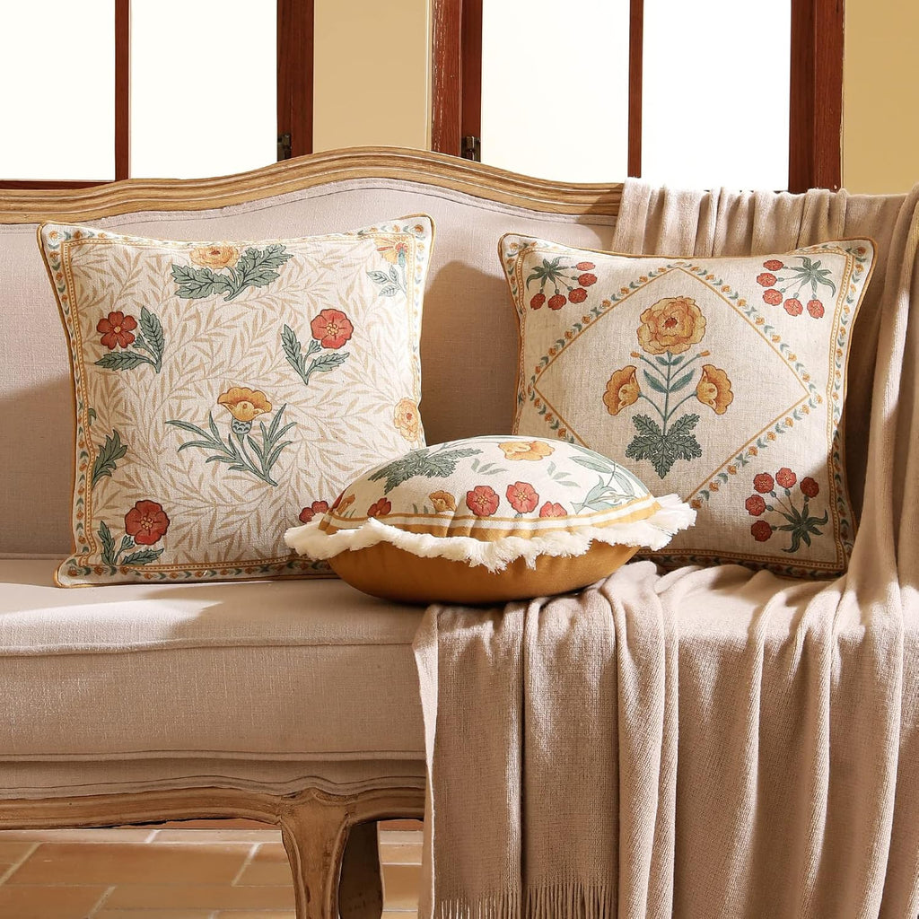 patdrea Designer Throw Pillow Covers for Couch 18"x18",Vintage French Linen Pillows Cover with Daisy Floral Pattern,Beige Luxury Farmhouse Decorative Square Cushion for Bed,Living Room,Outdoor,Car