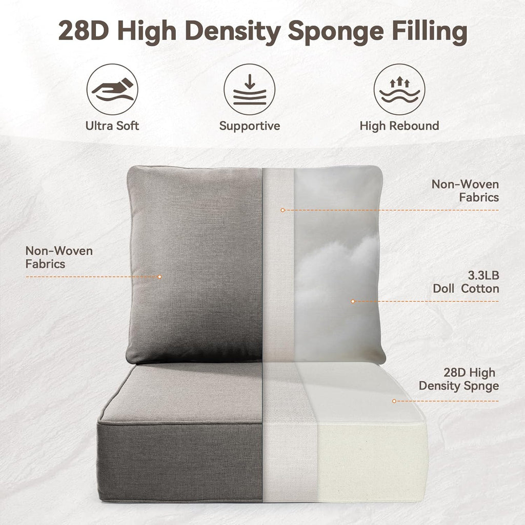 Luxury 6" Outdoor Cushions for Patio Furniture, 24x24x6" Thick Seat Cushion Set of 2, Fade Resistant Couch Chair Replacement Cushions High Density Deep Wicker Chair Cushion w/ Removable Cover Gray