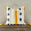 Woven Tufted Farmhouse Boho Throw Pillow Cover, Modern Decorative Multi Color Geometric Stripes Pillowcase with Tassels for Couch Sofa Bedroom Living Room, 18 x 18 Inches, Ivory, White, Yellow, Grey