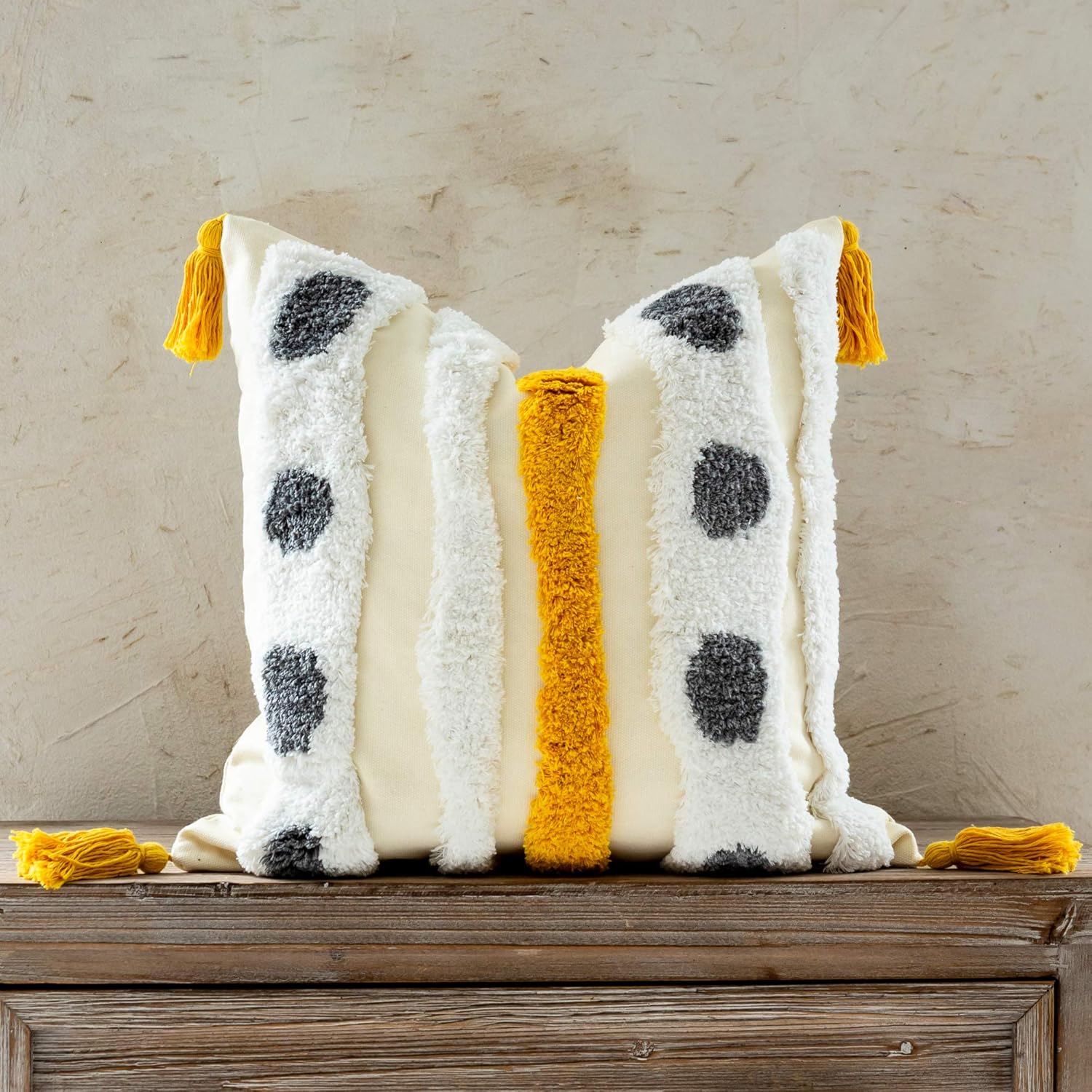 Woven Tufted Farmhouse Boho Throw Pillow Cover, Modern Decorative Multi Color Geometric Stripes Pillowcase with Tassels for Couch Sofa Bedroom Living Room, 18 x 18 Inches, Ivory, White, Yellow, Grey