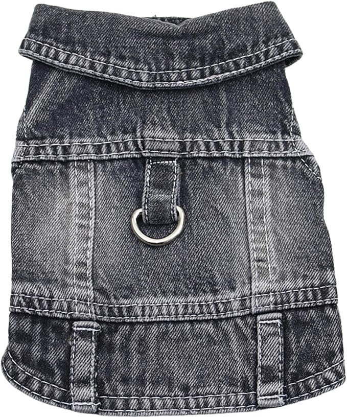 Puppy Clothes for Small Dogs Boy,Classic Western Denim Dog Coat,Dog Jeans Jacket with Leash D-Ring,Pet Cat Costumes,Cooling Harness Vest for Walking (Black, Large)