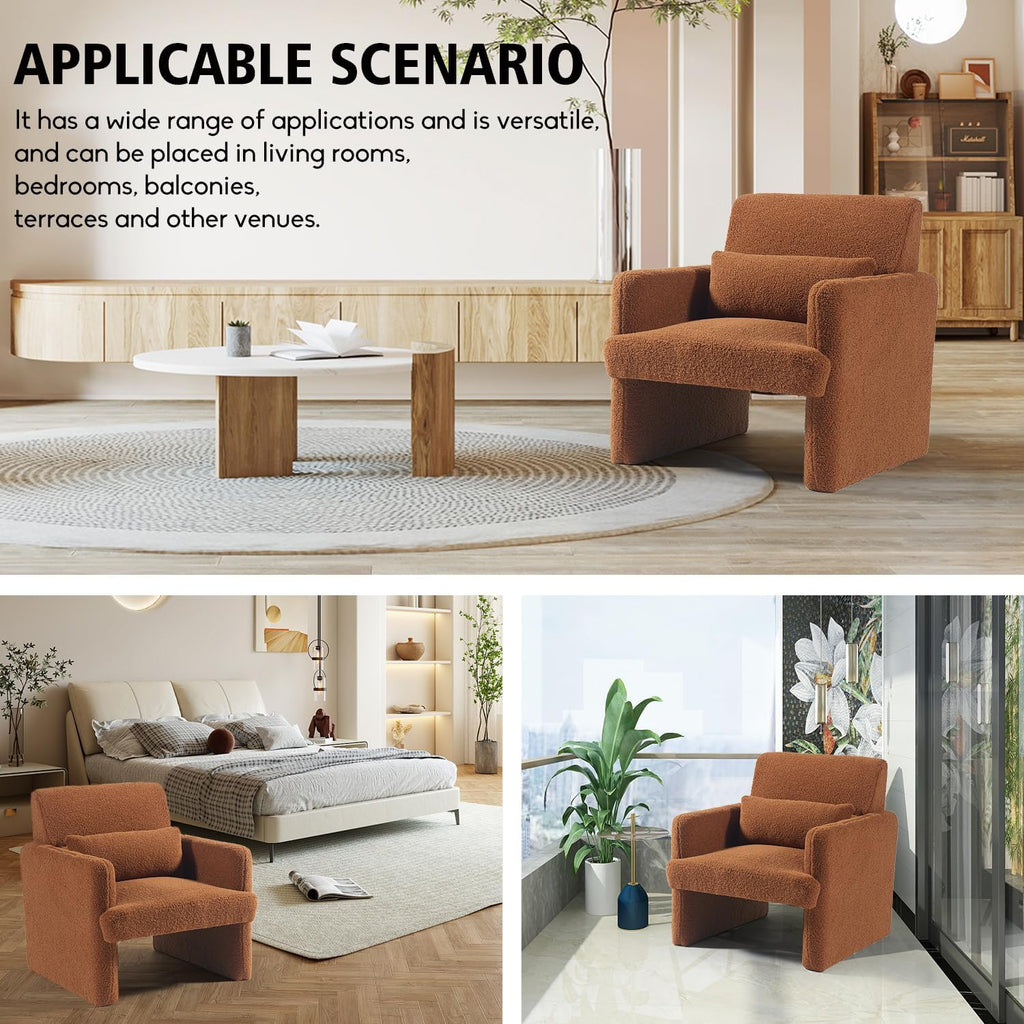 Gaussen Sherpa Accent Chair Mid Century Modern Living Room Chairs with Pillow Fluffy Single Sofa Chair Upholstered Arm Chair Oversized Reading Chair Comfy Chair for Bedroom/Office/Cafe (Autumn)