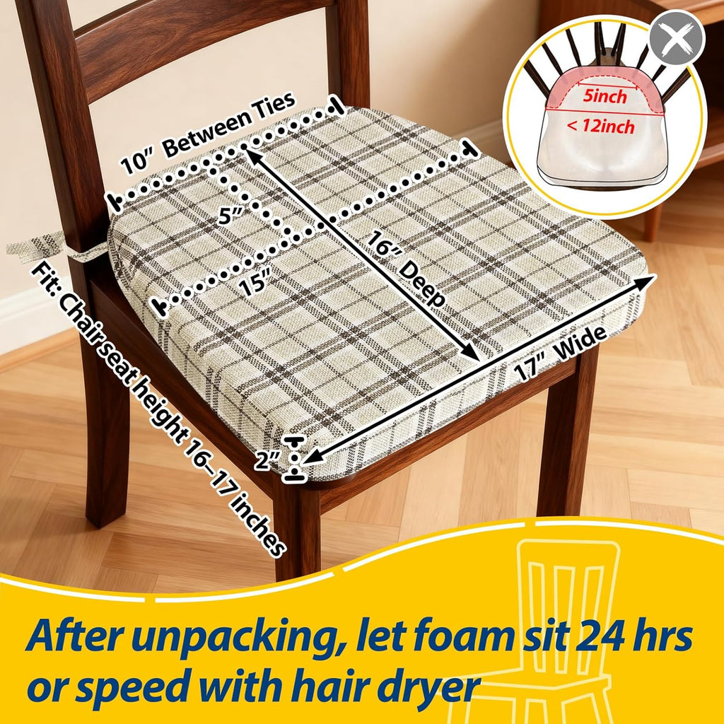 AAAAAcessories D-Shaped Chair Cushions, 2" Thick Dining Chair Pads with Ties and Removable, Machine-Washable Cover, 17" x 16", Set of 6, Yellow Checkered