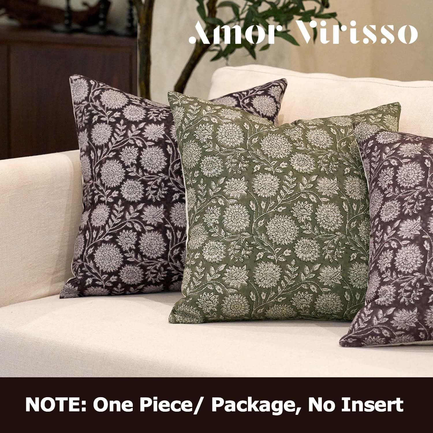 Amor Virisso Floral Pillow Covers 24x24 Throw Pillow Covers Vintage Block Print Pillow Cover Neutral Couch Pillows for Living Room Farmhouse Decorative Accent Sofa Pillows, Dusty Green
