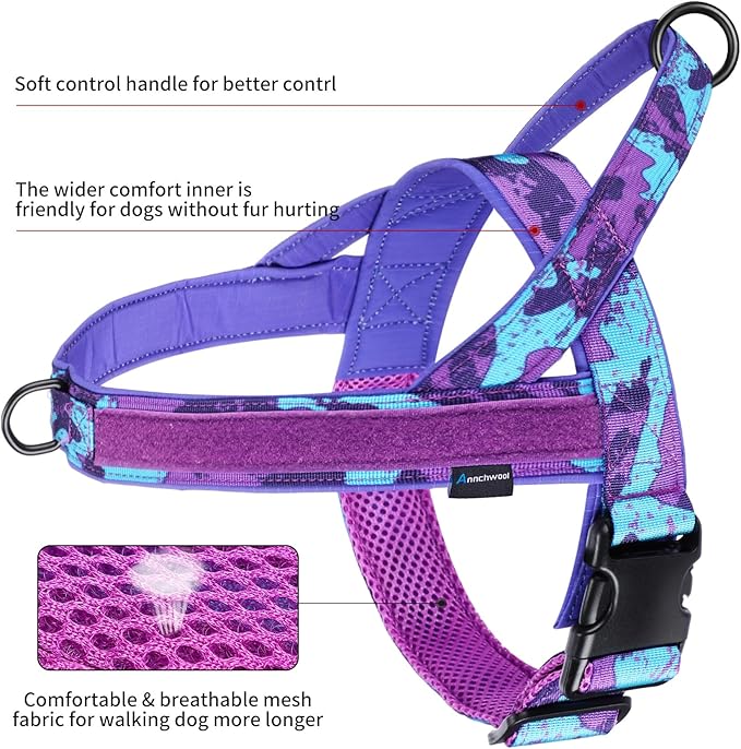 Annchwool No Pull Dog Harness with Soft Padded Handle,Escape Proof and Quick Fit to Adjust Dog Harness,Easy for Training Walking for Small & Medium and Large Dogs(Camo Purple,L)