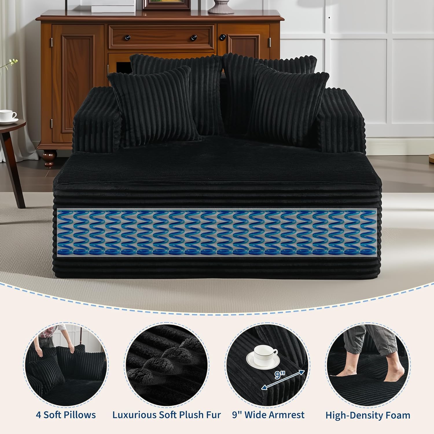 61" Oversized Chaise Lounge Chair Indoor, Boneless Couch Cloud Fluffy Chaise Lounges Corduroy Upholstered Sofa Bed w/Throw Pillows for Living Room Home Black