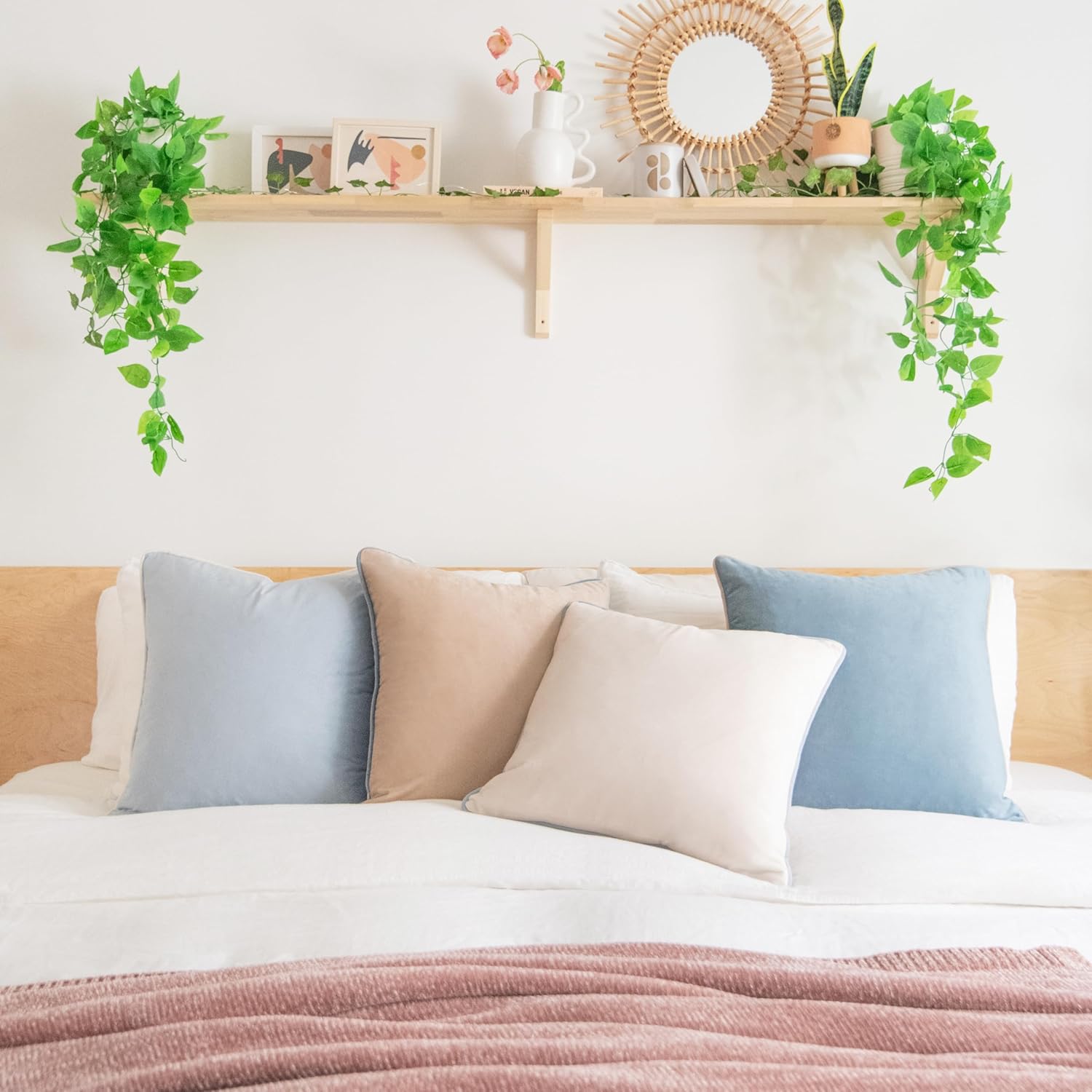 MONDAY MOOSE Decorative Throw Pillow Covers Cushion Cases, Set of 4 Soft Velvet Modern Double-Sided Designs, Mix and Match for Home Decor, Pillow Inserts Not Included (16x16 inch, Beige/Light Blue)