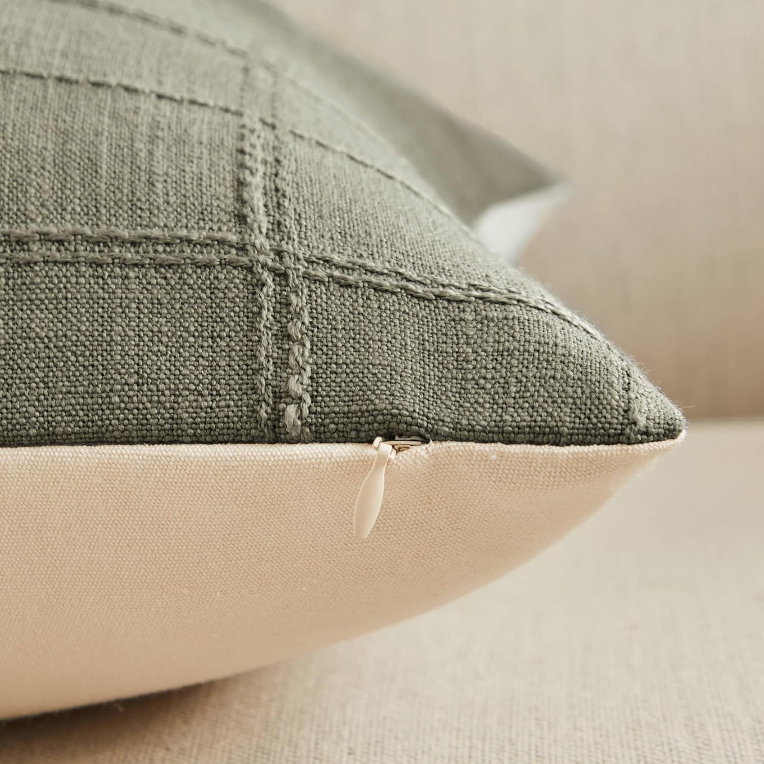 ZeeMart Linen Checked Throw Pillow Covers Set of 2, 20x20 Inch Olive/Cream, Farmhouse Decorative Single Sided Grid Embroidered Couch Pillow Cases Green Cotton Linen Cushion Covers