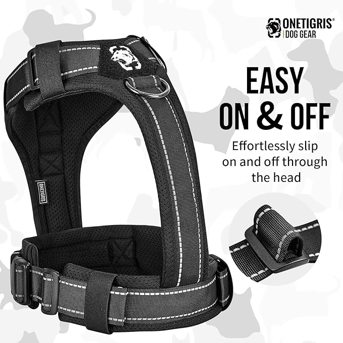 OneTigris Dog Harness, Soft Padding No Pull Dog Vest Harness, Durable High-Tensile Nylon, Adjustable Tactical Harness for Medium and Large Dogs with Reflective, 1 Handle, 3 D-Rings