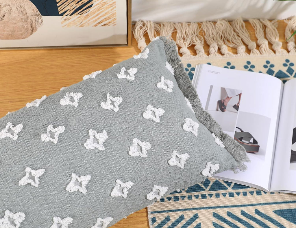 Boho Long Lumbar Pillow Cover 14x20 with Tassel,3D Flower Patterned Cotton Decorative Long Lumbar Pillow Cover Pillow Case for Sofa Couch Bed Livingroom Farmhouse,Blue Grey