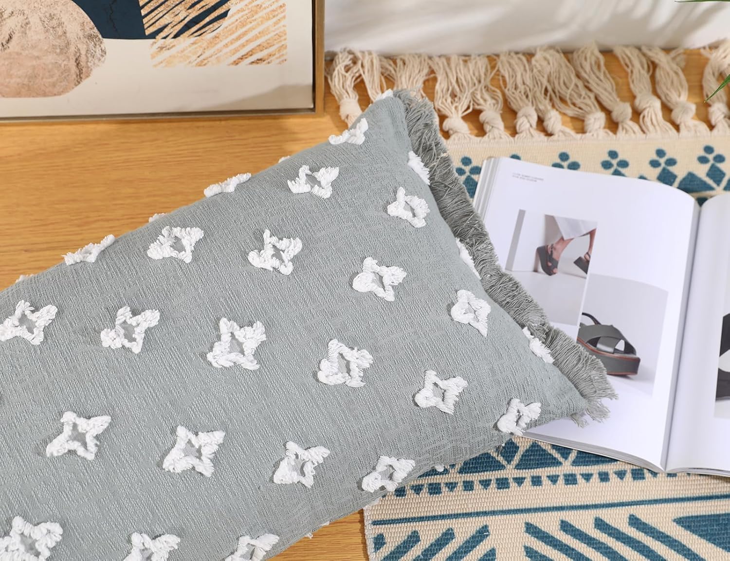 Boho Long Lumbar Pillow Cover 14x20 with Tassel,3D Flower Patterned Cotton Decorative Long Lumbar Pillow Cover Pillow Case for Sofa Couch Bed Livingroom Farmhouse,Blue Grey