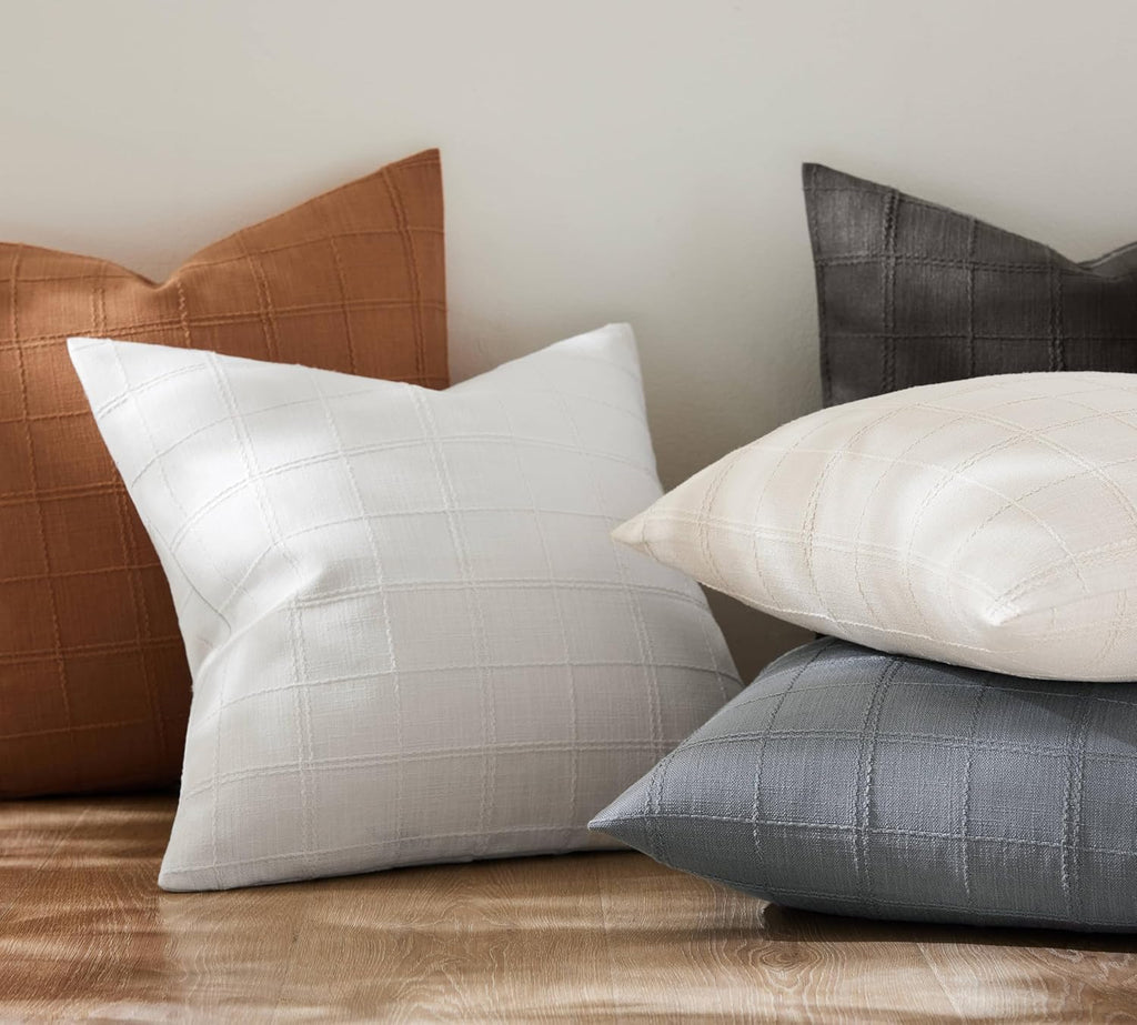 ZeeMart Linen Checked Lumbar Throw Pillow Covers Set of 2, 12x20 Inch Allover Grid Blue Ashes, Farmhouse Decorative Double Sided Grid Embroidered Couch Pillow Cases Blue Cotton Linen Cushion Covers