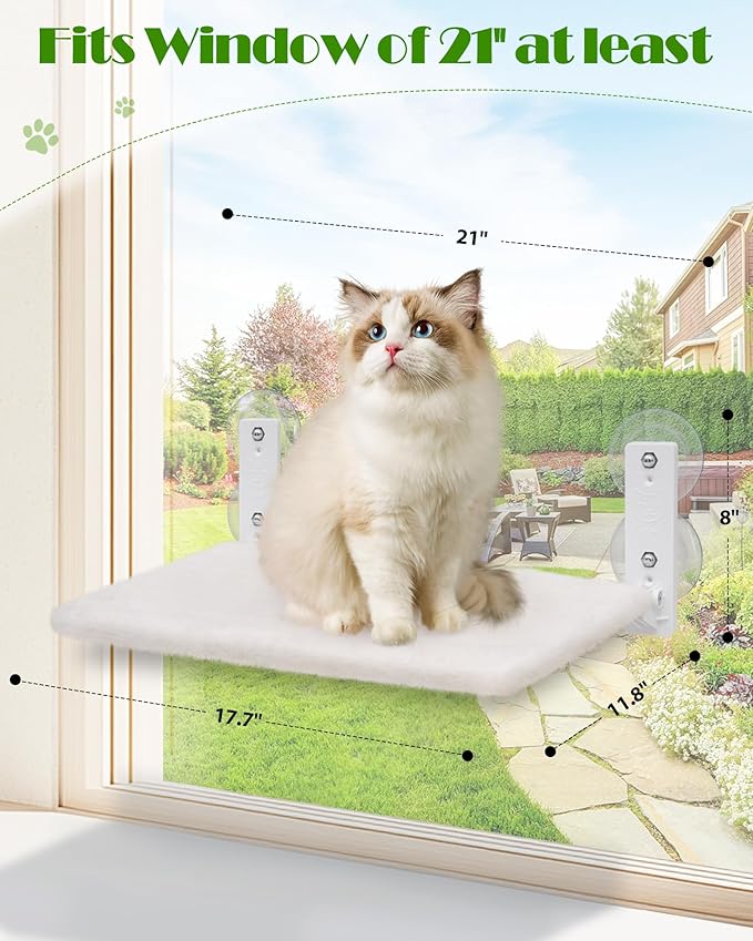 keny Foldable Cat Window Perch with 4 Larger Suction Cups, Cordless Window Bed with Reversible Cover for Cats Inside, White