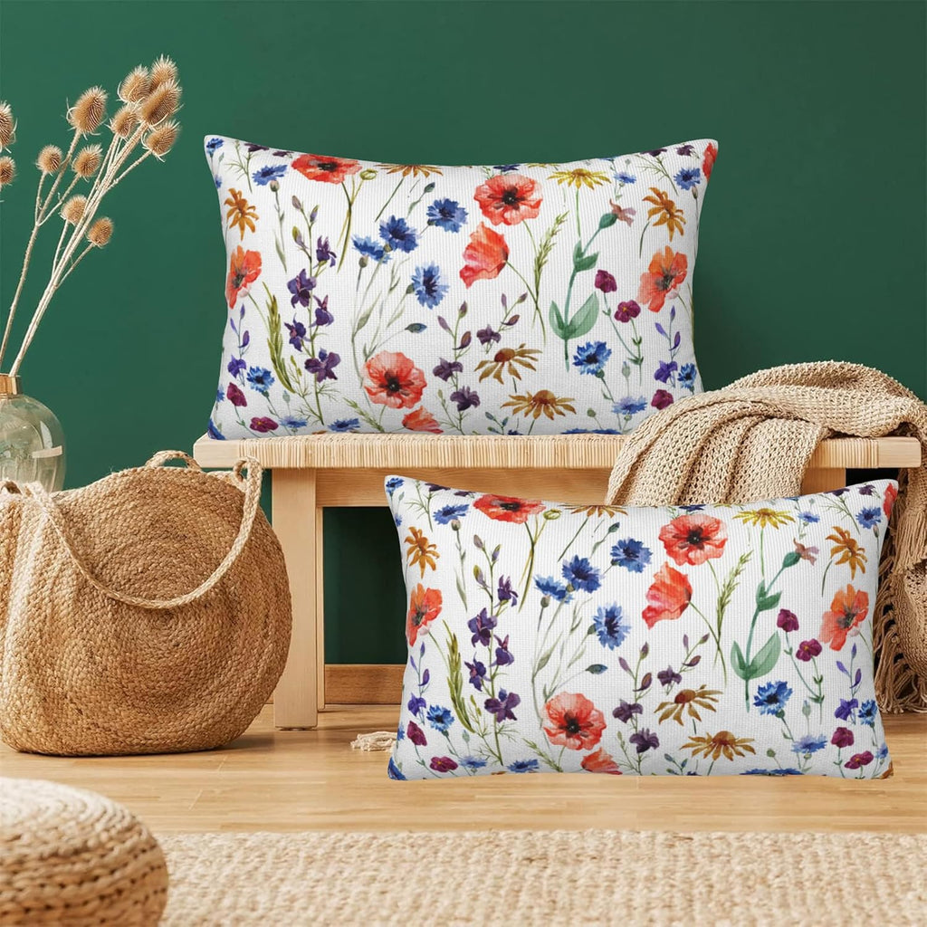 Wildflowers Throw Pillow Covers Set of 2 Watercolor Poppy Pillow Covers 20x12 Inch Modern Farmhouse Home Decorative Pillow Cases Cushion Cover for Sofa Living Room Office