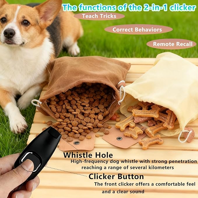 Dog Treat Pouch with Training Clicker & Whistle - Stylish & Portable Large-Capacity Foldable Pet Training Pouch with Wlastic Belt for Outdoor Use/Pet Training (Khaki)