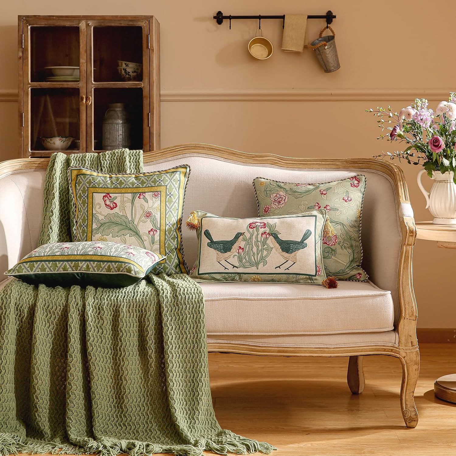 patdrea Designer Pack of 2 Rectangle Throw Pillow Covers,French Vintage Rustic Linen with Green Floral Pattern Pillows Cover,Decorative Lumbar Pillowcases Cushion for Bed Living Room,12"x20"