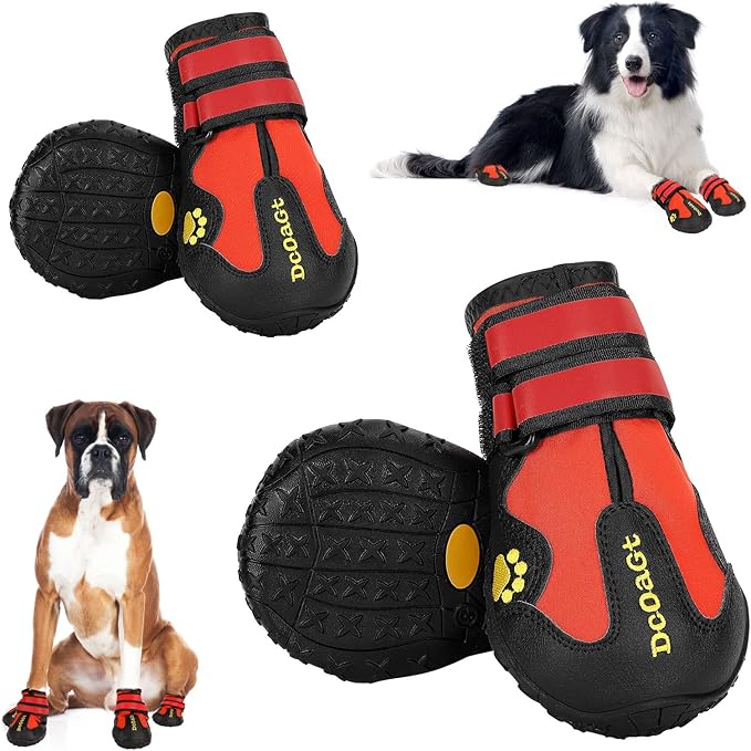 DcOaGt Dog Shoes for Large Dogs, 4PCS Anti-Slip Dog Boots & Paw Protectors for Hot Pavement Winter Snow Hiking Walking, Waterproof Breathable and Reflective Dog Booties for Large Size Dogs