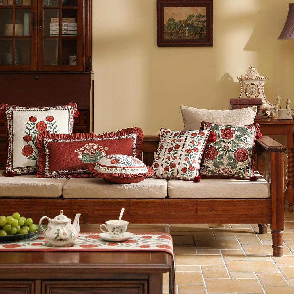 Rectangle Throw Pillow Covers,Red Cozy Velvet with Leaves and Floral Pattern Pillowcases,Decoration Long Lumbar Pillows Cushion Covers for Living Room Couch Sofa Bed Car Chair,12"x28"